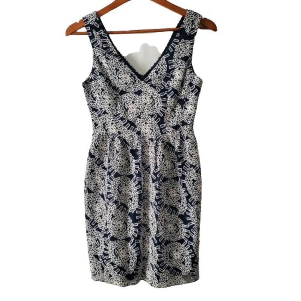 Shoshanna Women's Blue & White Geo Print Shear Floral Lace Mini Dress Size 0/ XS - Picture 5 of 14